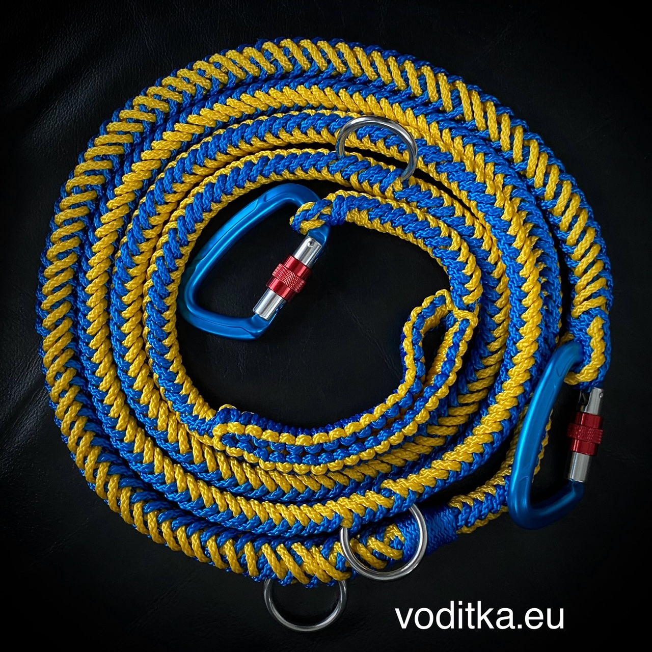 Pletené přepínací vodítko_modro-žluté, včetně 2 ks Alu karabin s pojistkou