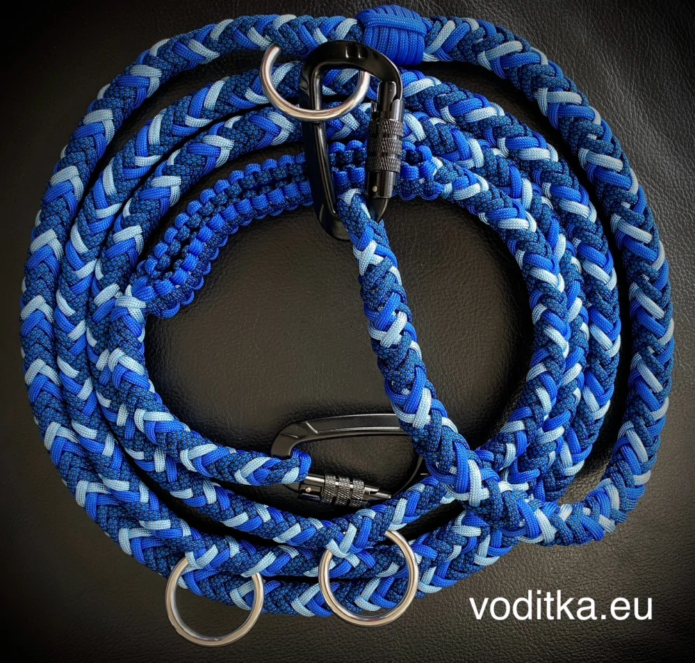 Pletené přepínací vodítko_modro-modré, včetně 2 ks Alu karabin s pojistkou
