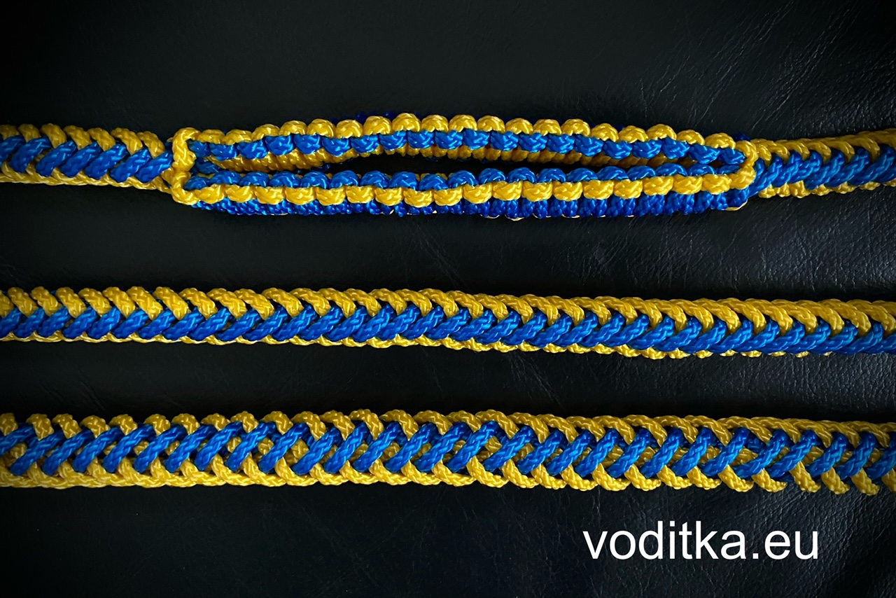 Pletené přepínací vodítko_modro-žluté, včetně 2 ks Alu karabin s pojistkou